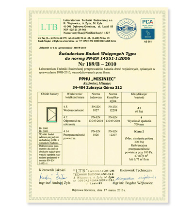 Certyfikat PN-EN 14351-1:2006